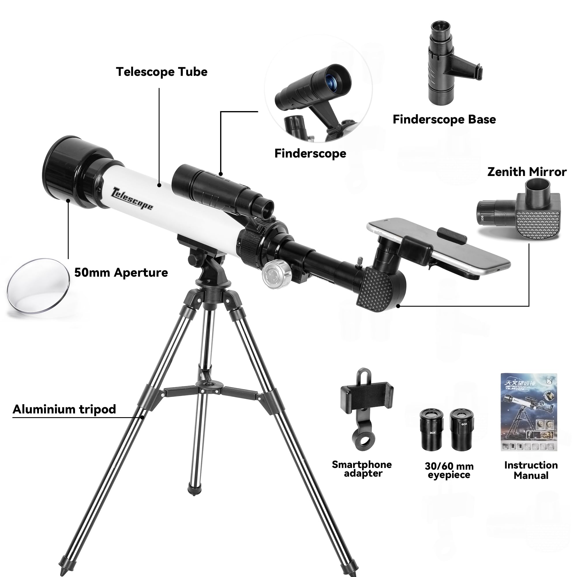 IBVIVIC Refraktor Teleskop 50/500 mit Tischstativ für Kinder, 30X/ 60X Zoom HD Outdoor Monokular Weltraumteleskop mit 2 Okularen, Kompass & Telefon Adapter für Land-, Mond- und Planetenbeobachtung
