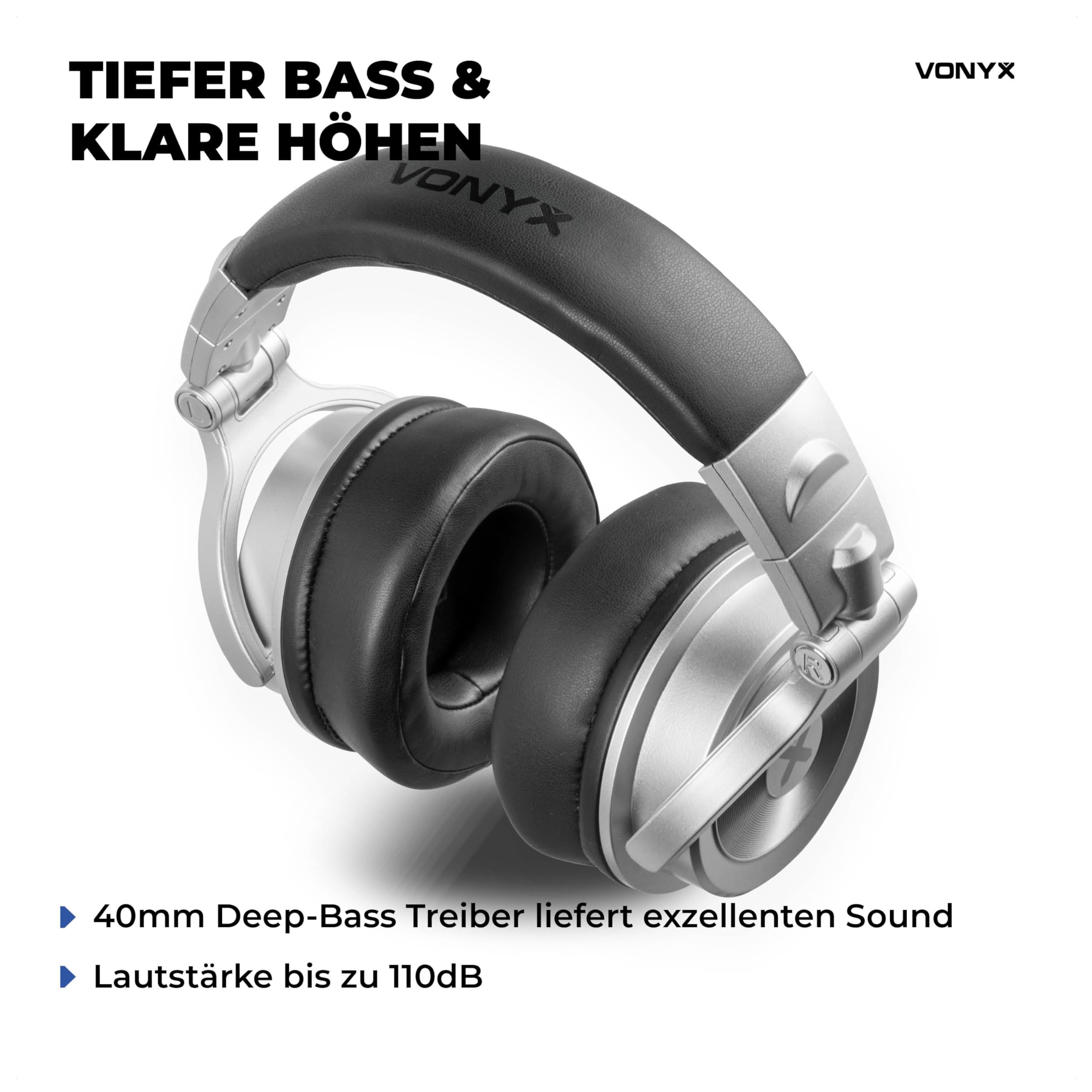 Vonyx HDX200SB - Over Ear Kopfhörer mit Kabel, 50mm Treiber - Tiefer Bass, DJ Kopfhörer mit 3,5mm & 6,3mm Klinke – Faltbar & Drehbar, Geschlossene Headphones inkl. Transporttasche - Silber