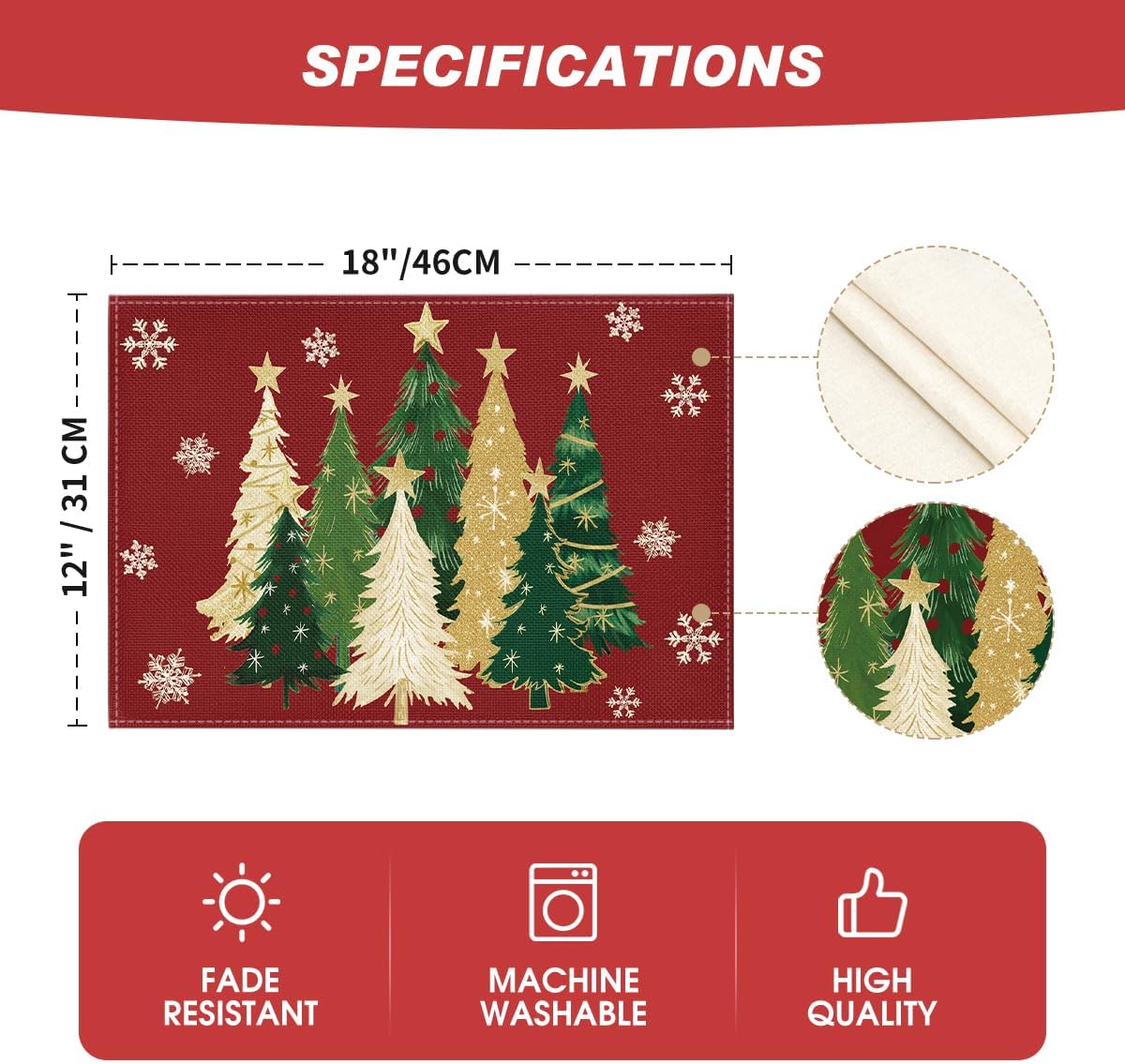 Artoid Mode Xmas Trees Snowflakes Winter Placemats Set of 4, 12x18 Inch Seasonal Red Christmas Table Mats for Party Kitchen Dining Decoration