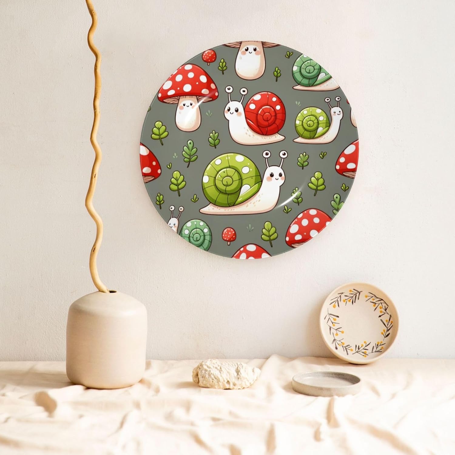 Kawaii-Snails-Mushrooms 10 Inch Decorative Plate With Stand, Elegant Display Wall Plate For Home Decor