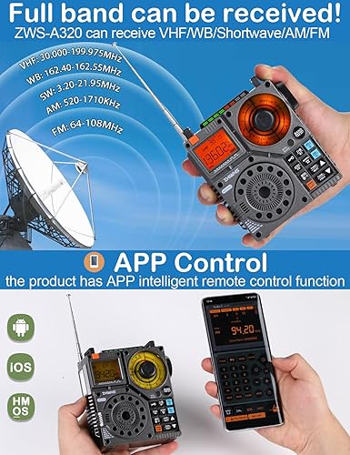 Miniatura 3 de ZHIWHIS Radio de onda corta con Bluetooth y control por APP, receptor portátil AM FM VHF SW WB, radio de emergencia recargable estéreo con super