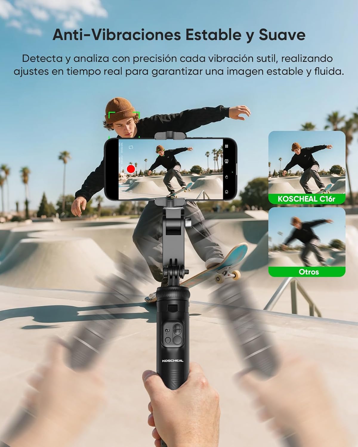 Comparison image showing stable footage with KOSCHEAL C16R versus shaky footage from other devices