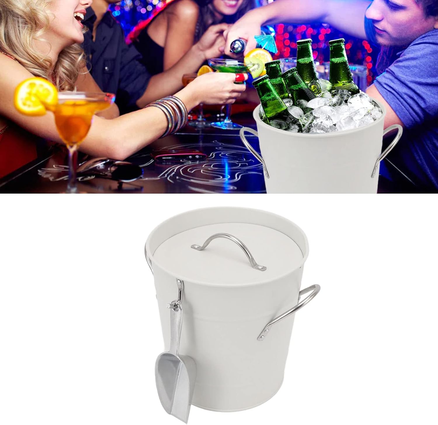 Round Ice Bucket with Handle and Shovel Galvanized Beer Chiller Bin for Bar Home Parties Double Wall Design (White)
