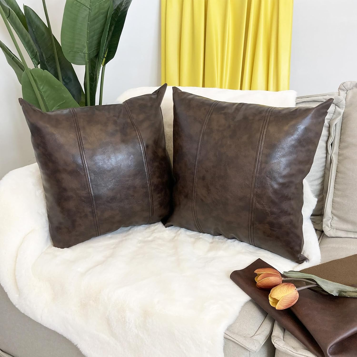 Faux Leather Throw Pillow Cover 22X22 Set of 2 Inch Outdoor Modern Farmhouse Solid Decorative Pillow Covers for Room Couch Living Bedroom Bed Sofa