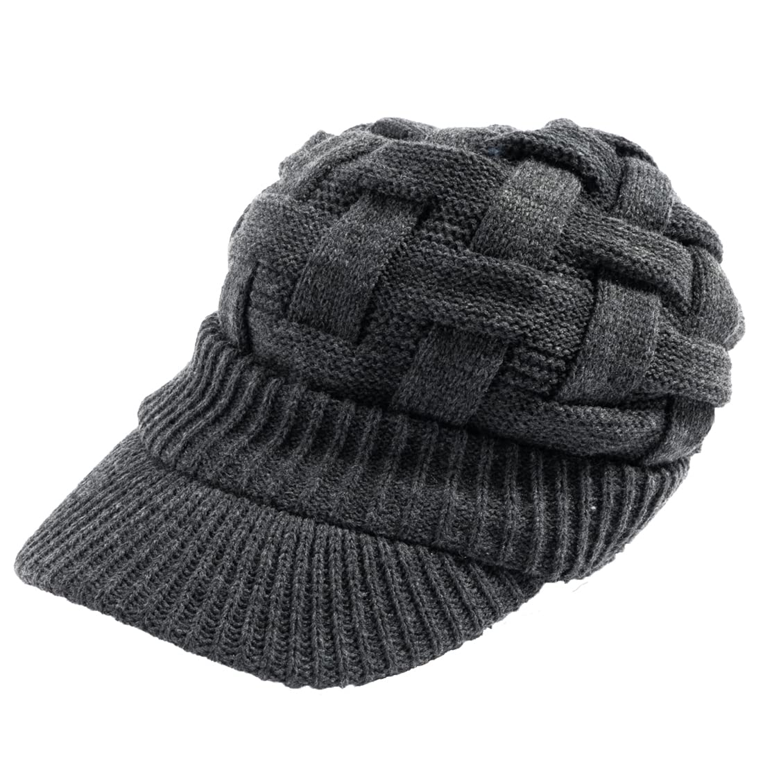 Loo & c Knit Hat with Brim, Large Size, Cross Knit、Casquette, Loose, Watch Cap, Cold Protection, Ear Flaps, Unisex Free size charcoal