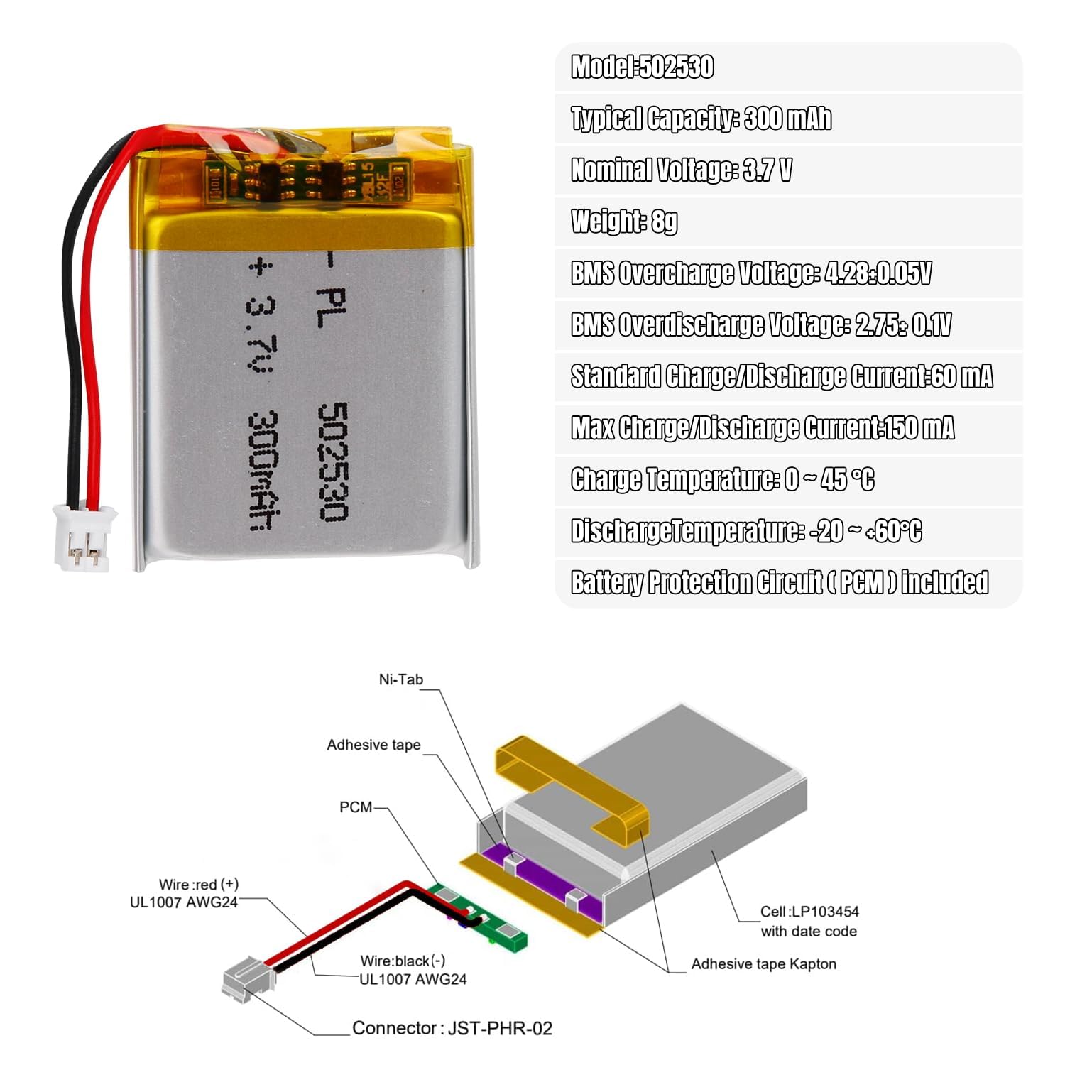 3.7V Lipo battery, 3.7V 300mAh 502530 Lithium Polymer Ion with 2P-PH connection with 2.0 mm pitch — view 5