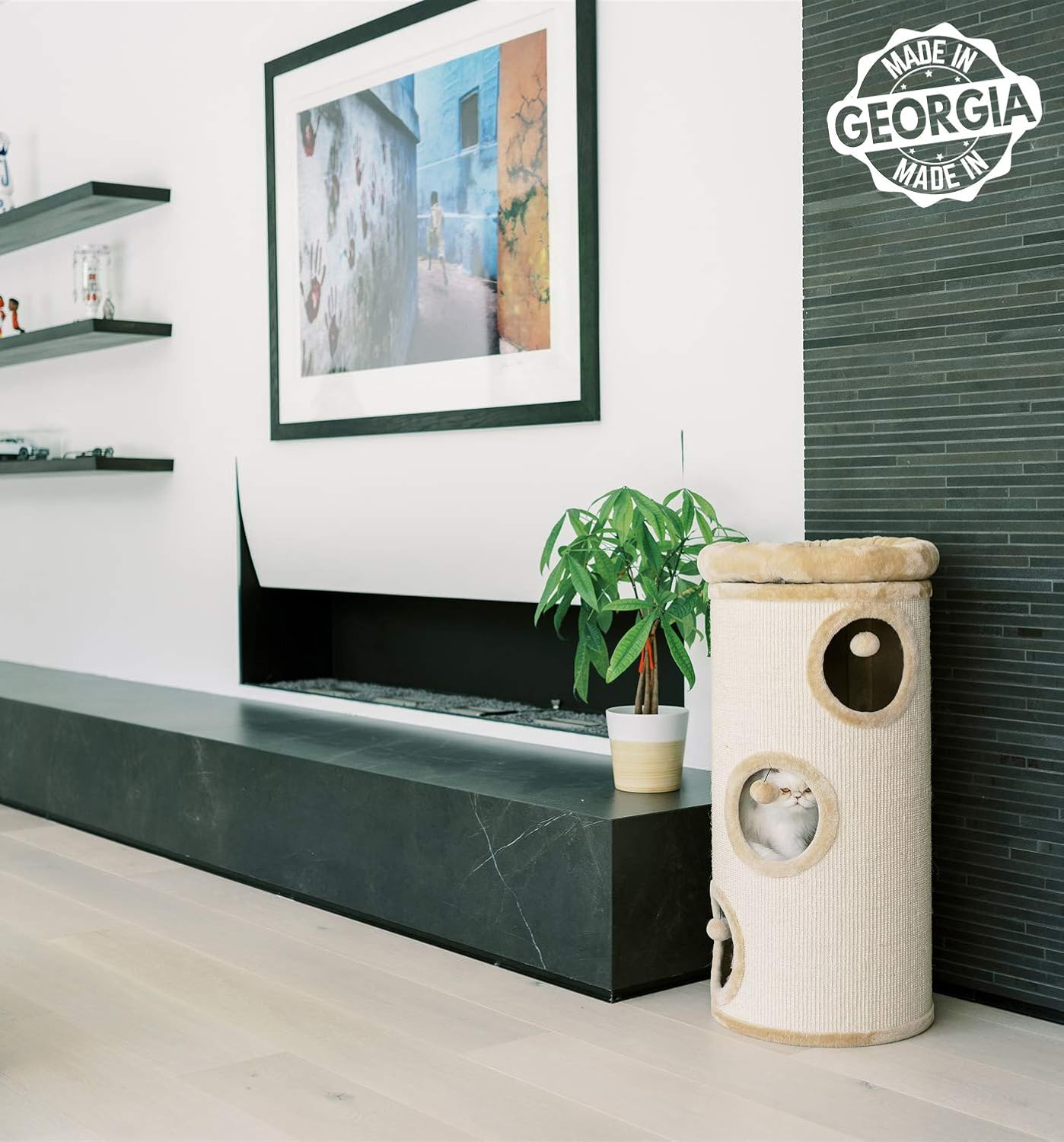 PAWMONA 3 Story Cat Tree Condo Barrel Tower, 38.5", Top High Edge Removable Snuggle Bed with Scratching Post for Cats and Kittens, Natural Sisal-Covered Scratch Indoor Cat Furniture, Beige : Pet Supplies