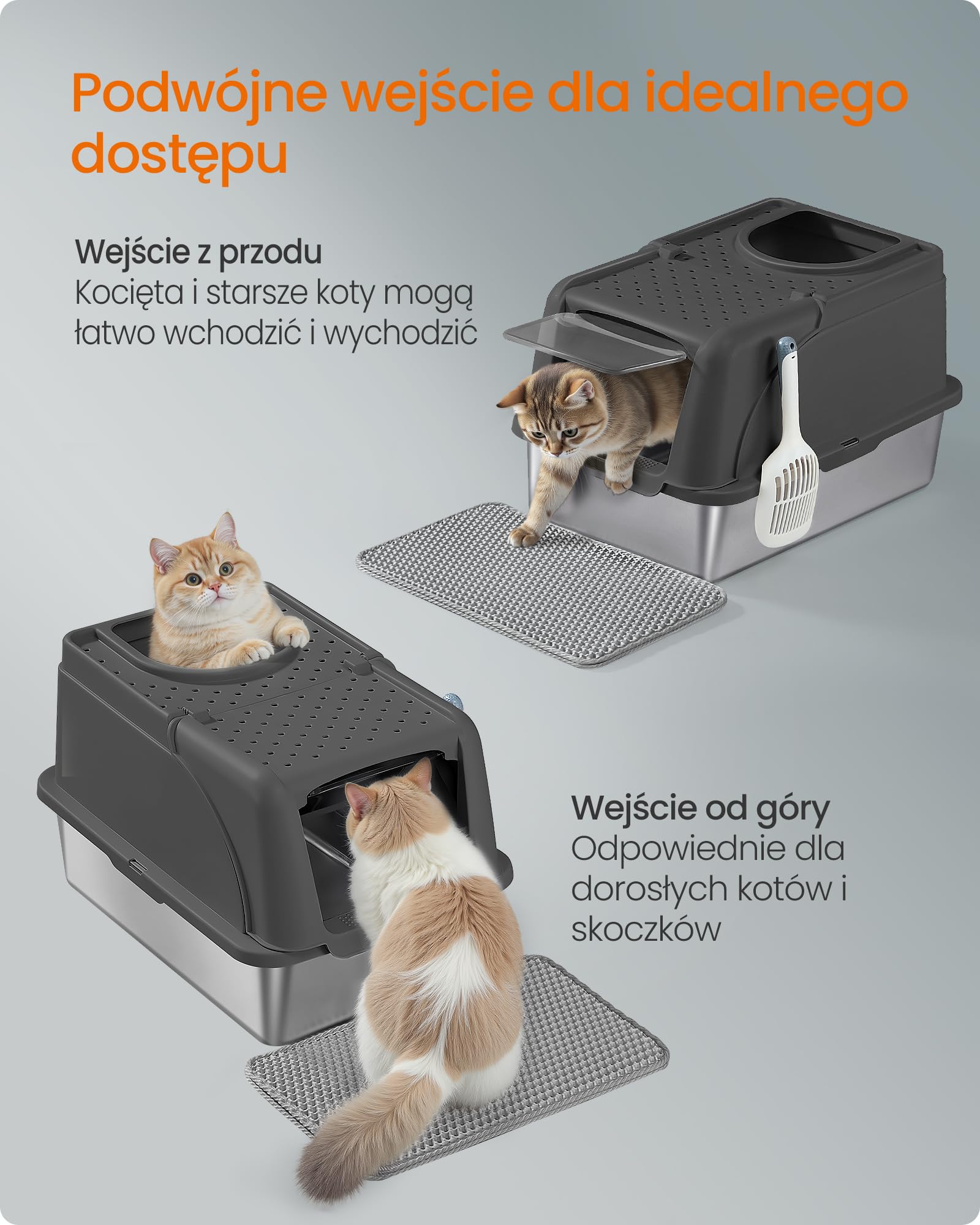 Feandrea Kuweta dla kota ze stali nierdzewnej, XL, z pokrywą, łopatką, szczotką i 2 wejściami, dla kotów do 15 kg, kolor czarny PPT005BH01