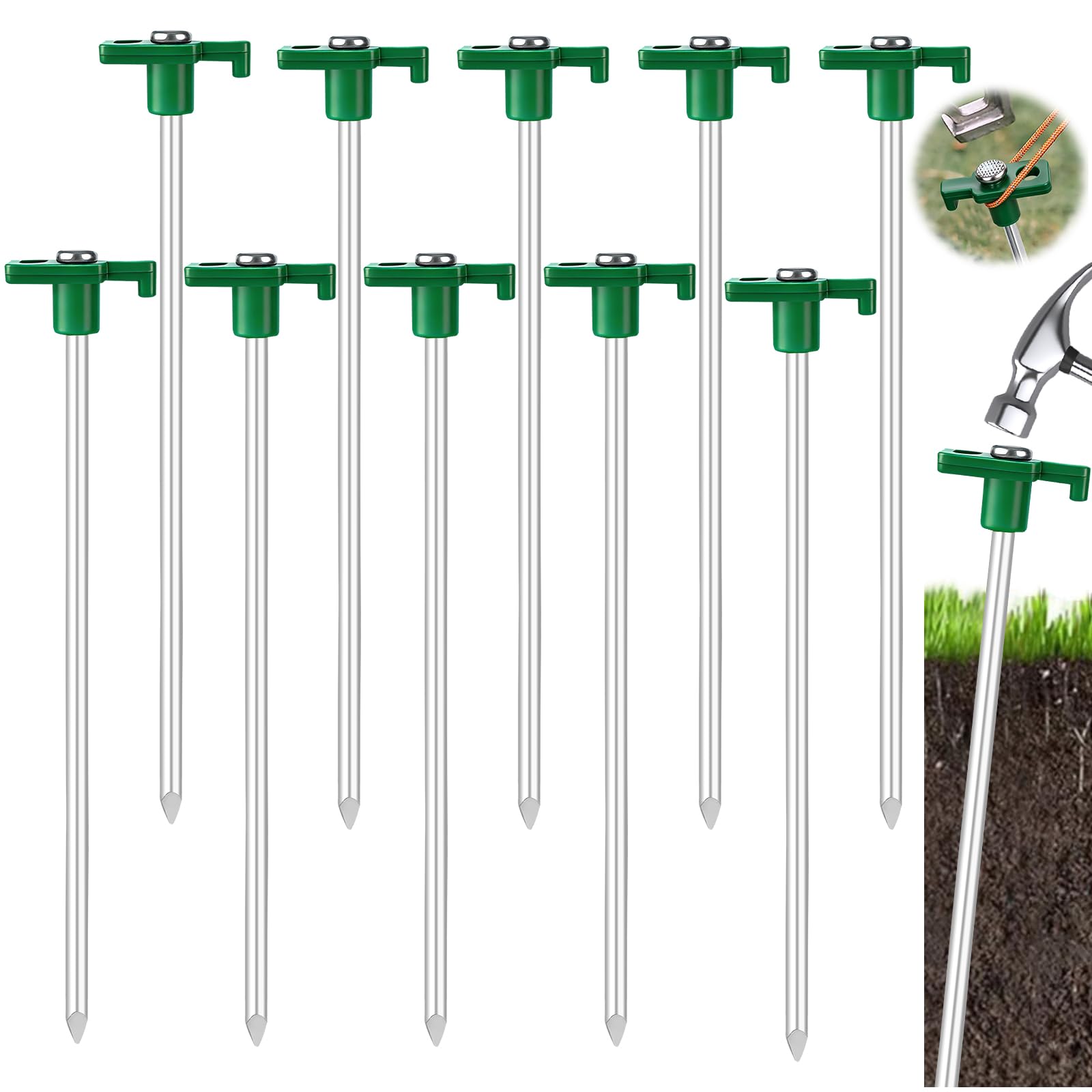 10 Pack Tent Pegs Metal Heavy Duty Camping Pegs Awning & Hard Ground Pegs Heavy Duty Tent Pegs for General Purpose, Rock or Hard ground, Tents, Awnings, Camping (Green)
