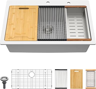 Lordear White Granite Composite Kitchen Sink 33x22 Inch Drop In White Kitchen Sinks Workstation Ledge Quartz Topmount Single Bowl Sink Basin