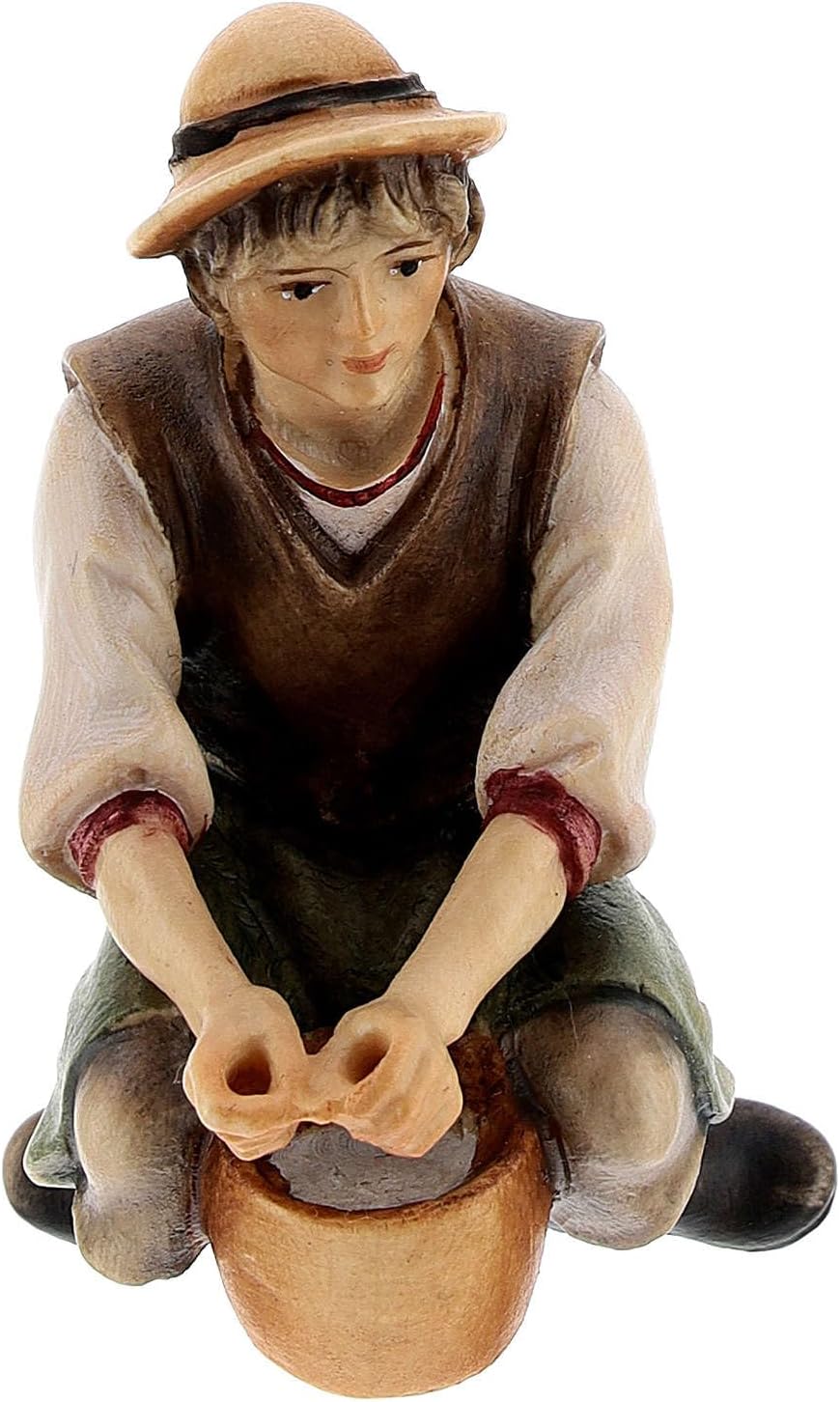 Holyart Shepherd Milking a Goat, 10 cm Original Nativity Model, in Painted Valgardena Wood
