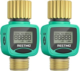 [2 Pack] RESTMO Water Flow Meter, Pure Brass Inlet & Outlet | 4 Measure Modes | Display Gallon/Liter Usage and Flow Rate | Ideal to Outdoor Garden Hose, Lawn Sprinkler Watering, RV Water Tank Filling