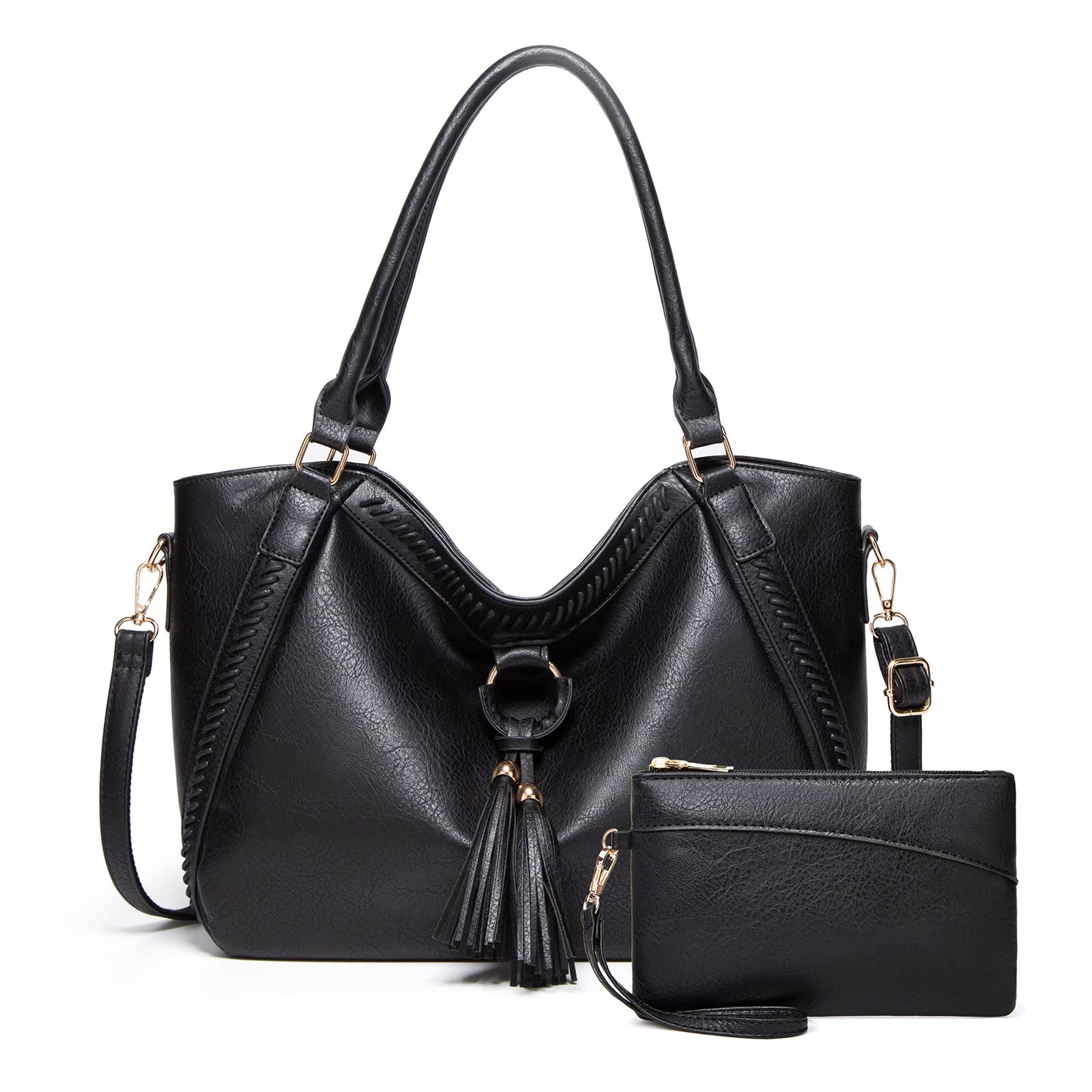Large Purses for Women Leather Handbags Hobo Bags Shoulder Crossbody Bag with Tassel (Black)