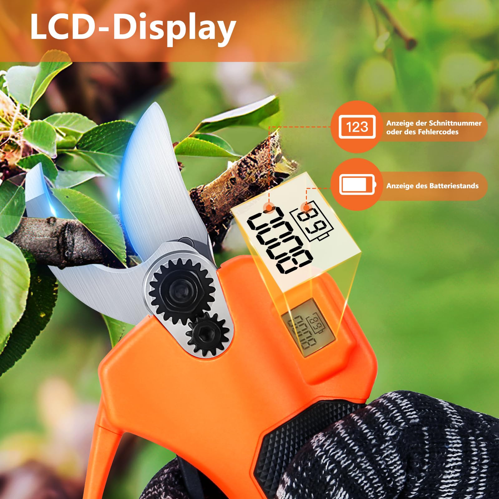 Forbici Potatura a Batteria, Forbici Elettriche Professionali da Potatura da Giardino con Écran LCD, 2 x 2000 mAh Batterie, 2 x SK5 Lame, Cesoie a Batteria Portatili Senza Fili per Frutteti, Giardini