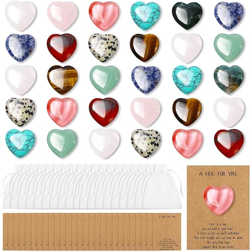 30 piezas de cristales de corazón y piedras curativas a granel, piedras preciosas naturales pulidas en forma de corazón de 0.8 pulgadas con tarjetas