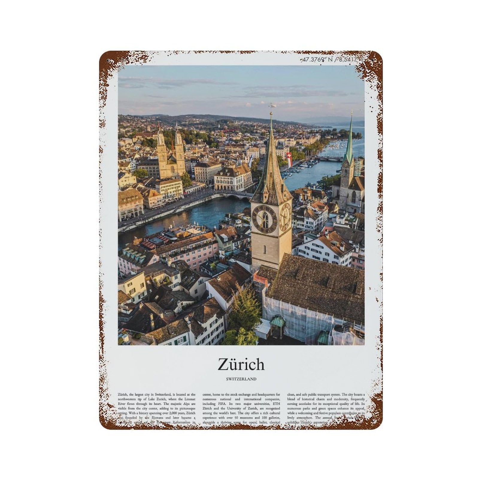 xiaoxiaoshen Zürich Switzerland City Scenery Wall Decor Art Metal Tin Poster Modern Home Decor Art Home Bar Shop Decorations Vintage Sign 40x30cm