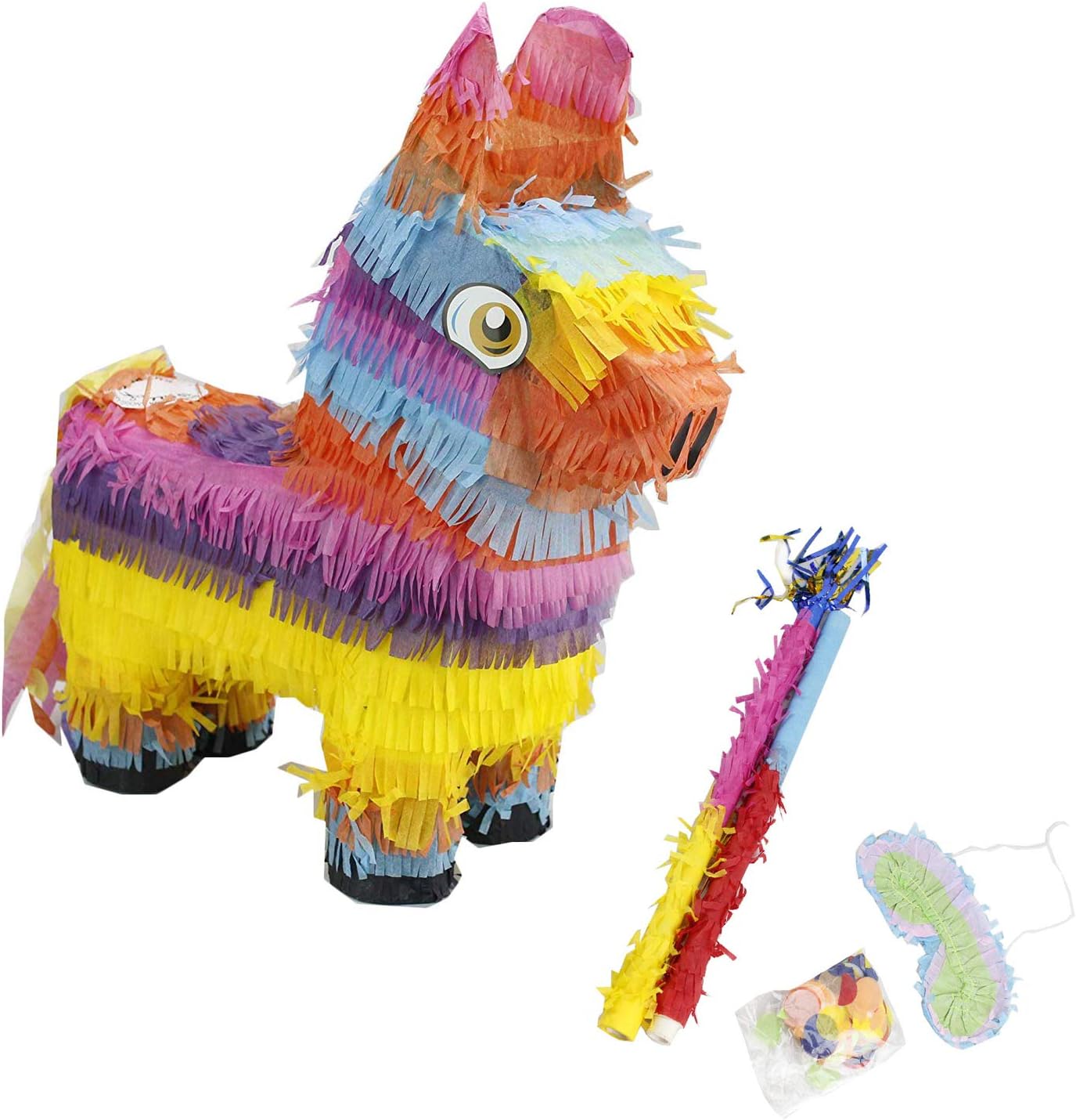 Eseewin Piñata con palo de plástico y máscara de ojos Decoraciones para fiestas Mezcla de accesorios de papel de color Dulces Favores Ideas de decoración para fiestas(Donkey)