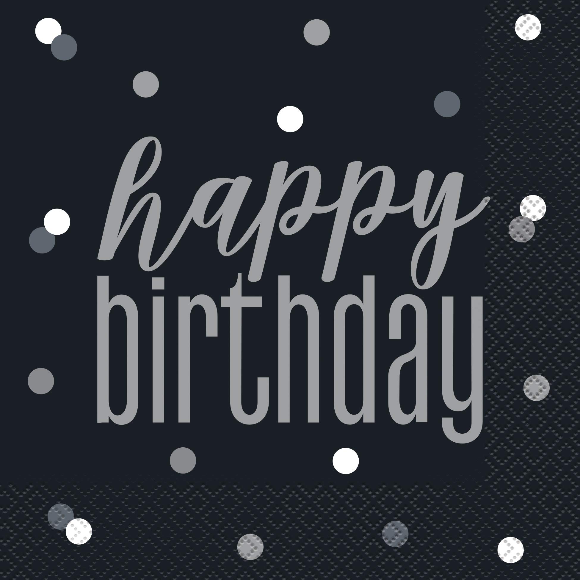 Elegant Glitz Black & Silver Happy Birthday Luncheon Napkins (16cm) - Chic & Sparkling Design - Perfect for Sophisticated Celebrations - 16ct