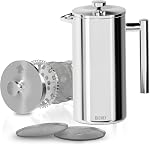 KICHLY 34 OZ Presse française, presse à café à double paroi en acier inoxydable avec filtres raffinés, espresso et machine à thé - argent