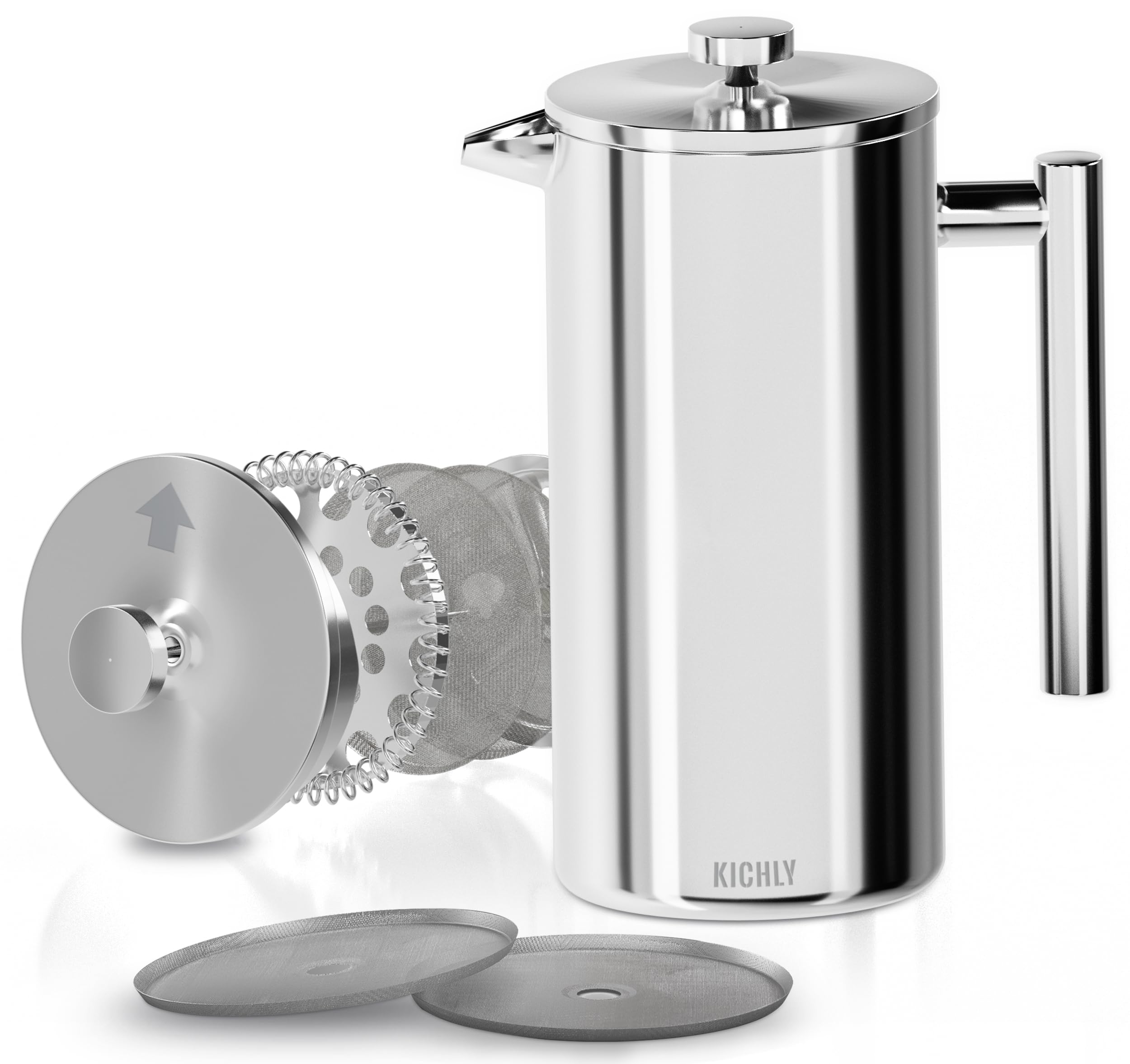KICHLY 600ml Stainless Steel French Press - Double Wall Coffee Press - Stainless Steel Plunger Coffee & Tea Maker (Silver, 0.6 Ltr,1 Piece)
