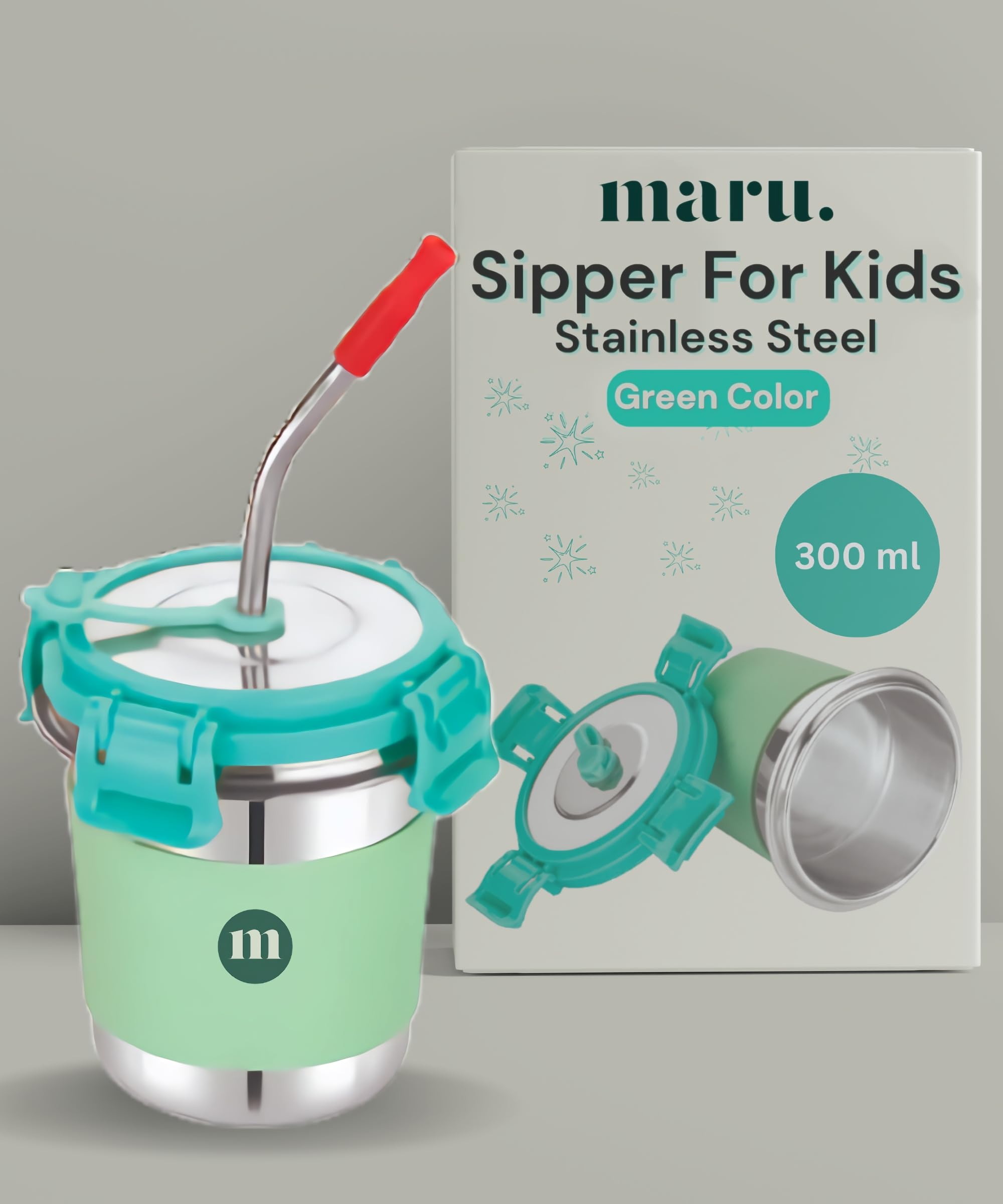 MARU Stainless Steel Tumbler with Lid & Straw 300ml, Durable & Leakproof Anti-Slip Silicone Grip Sipper Glass Tumbler for Kids, Travel-Friendly & Perfect for Everyday Use, Sea Green-image-46