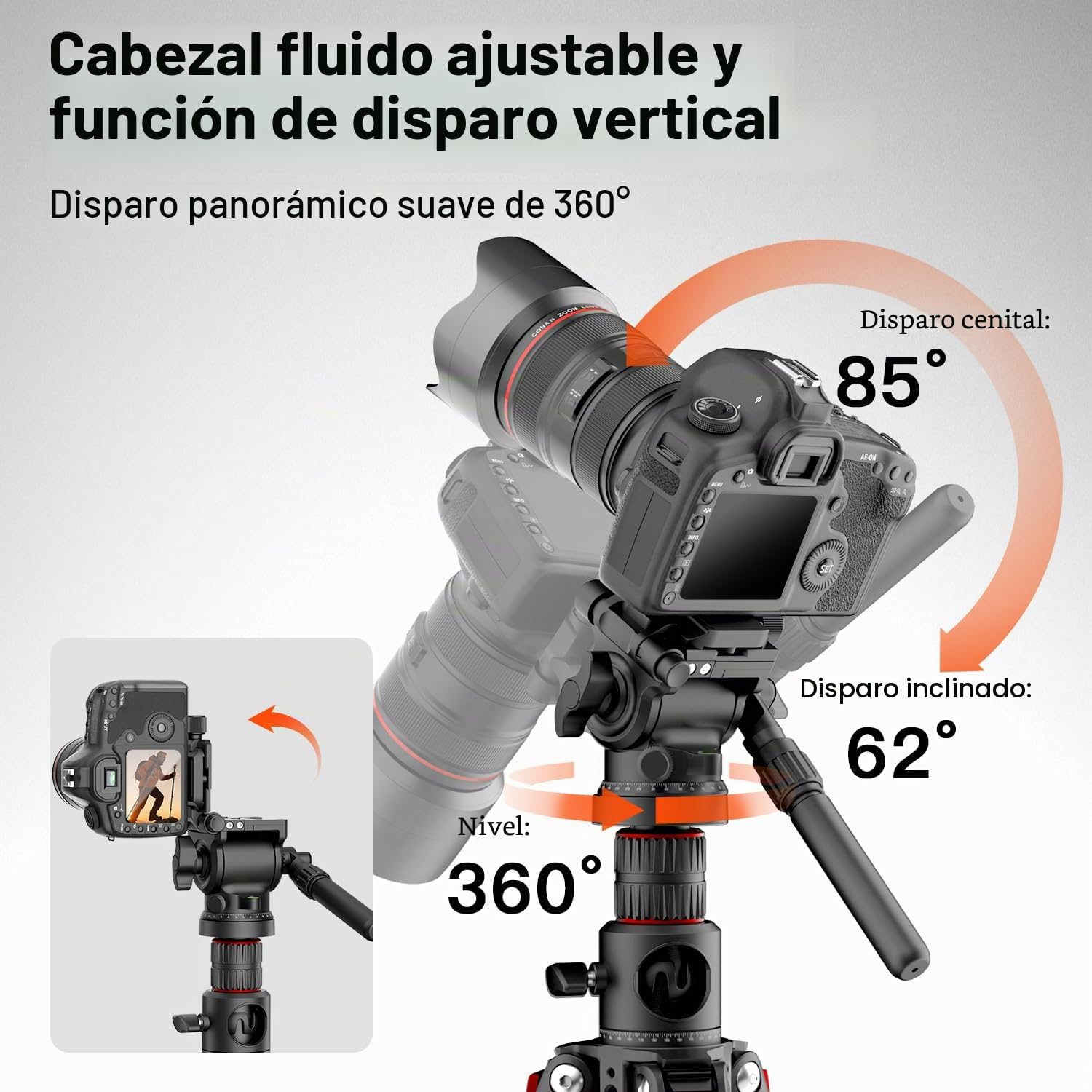 COMAN Trípode para Cámara Horizontal 181cm con Cabezal Hidráulico, Placa de Liberación Rápida y Monópode Desmontable, Adecuado para Cámaras SLR, Videocámaras Portátiles y Visores (KX3939MINI-V1)