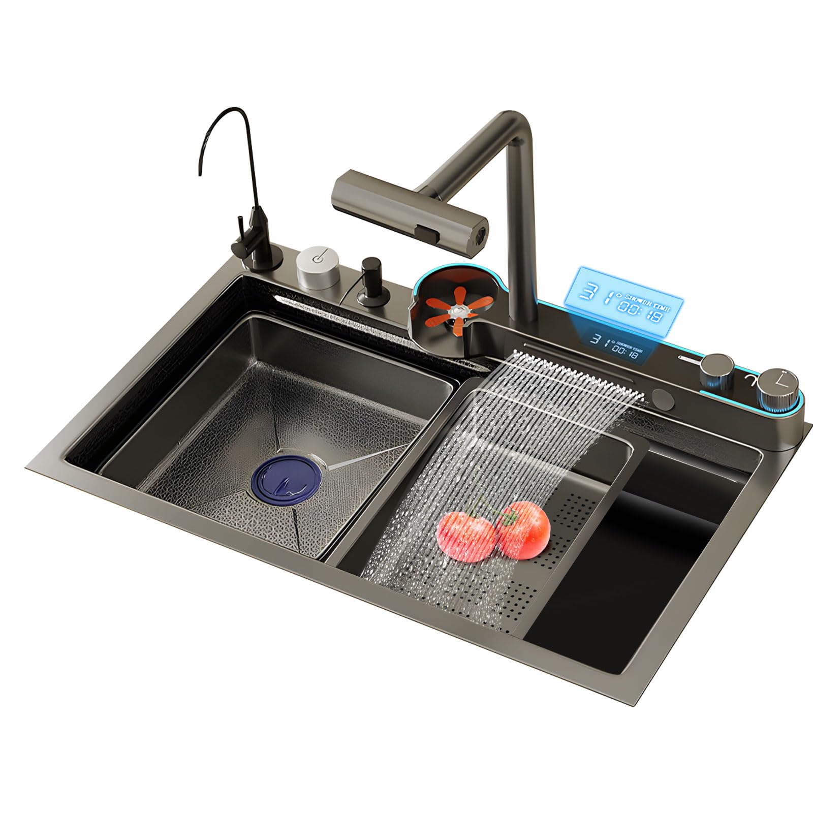 Lavello Cucina 75 x 46cm Lavadino Cucina 1 Vasca Multifunzione con Rubinetto Estraibile Lavello a Cassata con Display Digitale