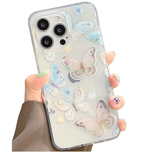 Funda transparente con purpurina para iPhone 15 Pro Max para mujeres y niñas, bonito patrón floral de mariposas azules y amarillas, funda protectora
