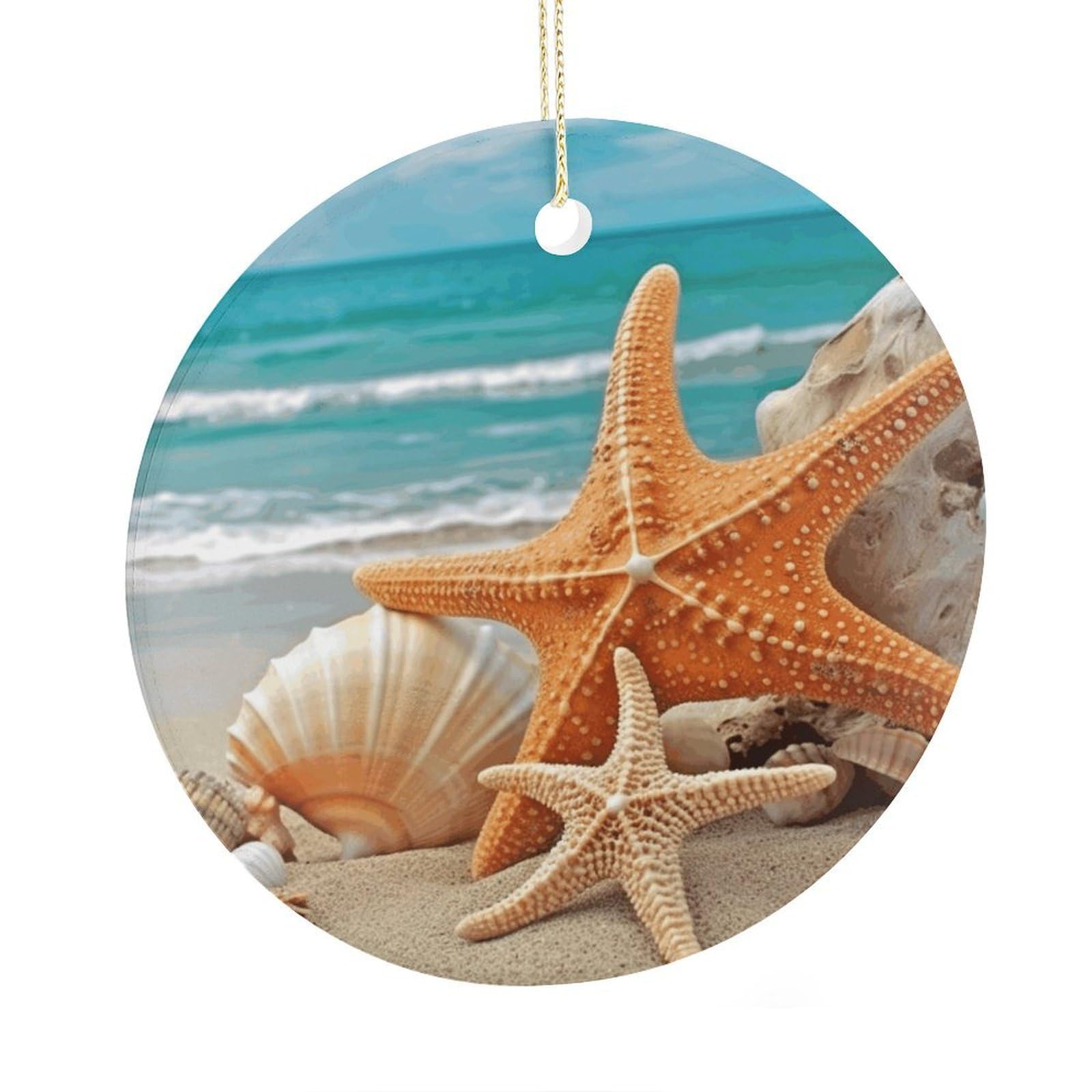 Adfgyerh Style Starfish Seashell Beach Ceramic Circular Pendant,2.9 Inch，Hanging Ornament，Gift Exchange Idea Round Ceramic Ornament,For Mom And Daughter，For Home Indoor Outdoor Decor.