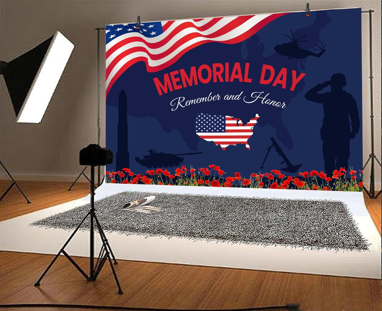 Memorial Day Banner Backdrop - Large Patriotic Remember & Honor Decor 72.8x43.3in