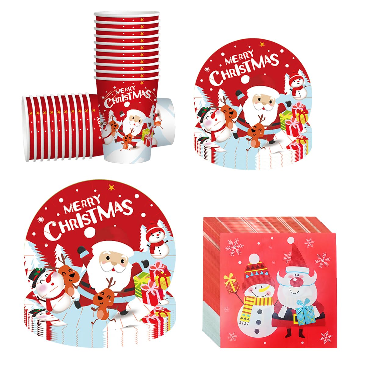 Christmas Party Tableware, Santa & Snowman Design, Red, Includes Plates, Napkins, Paper Cups for 20 Guests, 80 Pieces