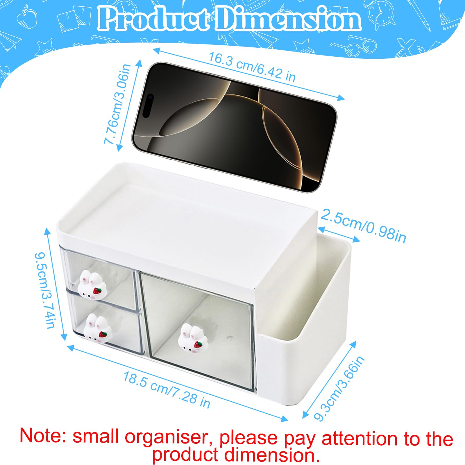 Marte Vanci Desk Organiser with 3 Drawers, Cute Desktop Tidy Stationery Organiser with Pen Holder - Image 2