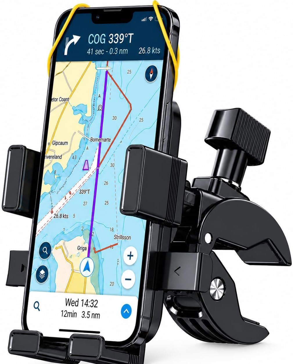Boat Phone Holder, Boat Phone Clamp Mount, Marine Cell Phone Clip Holder, 360 Degree Adjustable Knob Crab Clamp, Sailboat Rail Bar for Cycling, Boat Rail, Pontoon, 4-7" Smartphone(Black)