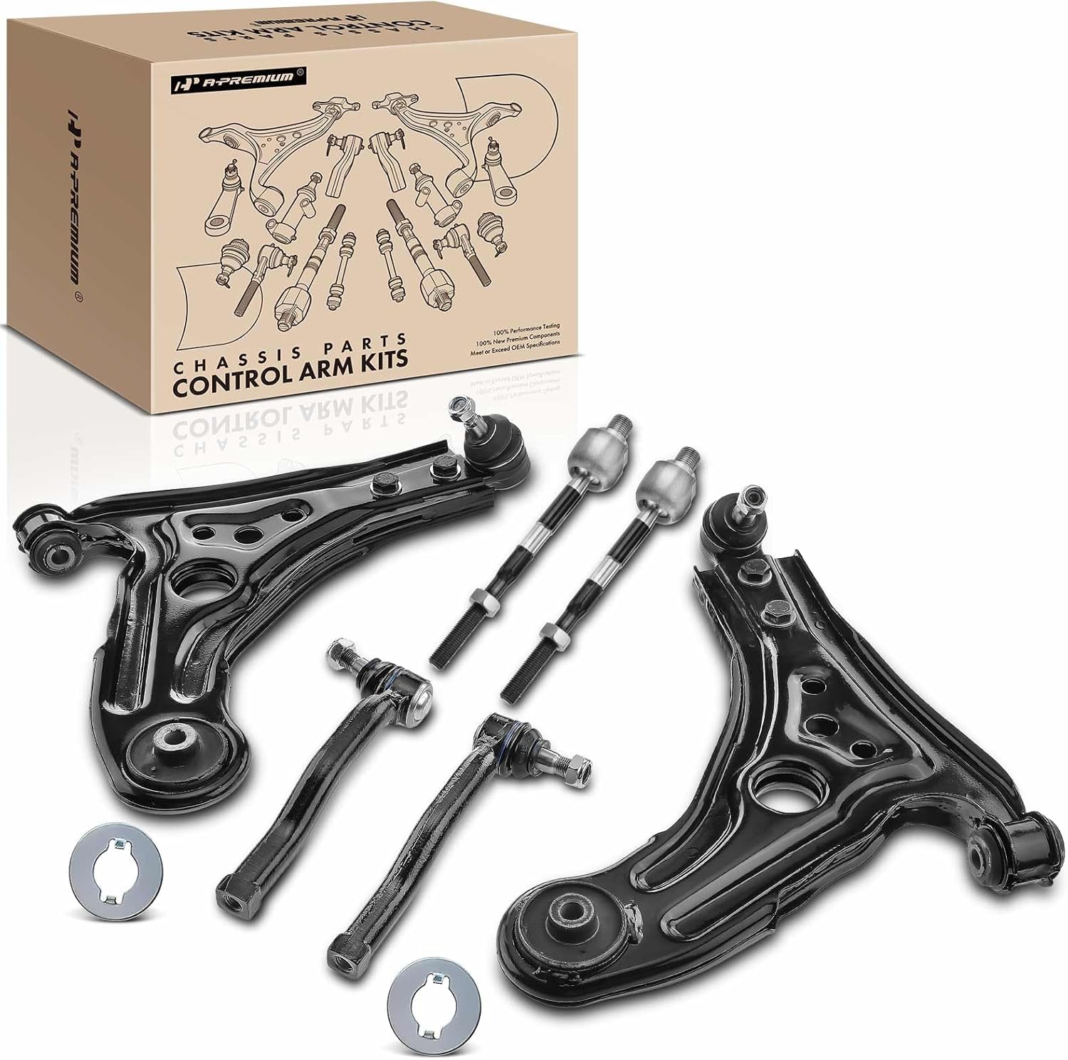 A-Premium Set of 6, Front Lower Control Arm, Inner Outer Tie Rod End, Compatible with Chevrolet Aveo 04-11, Aveo5 06-11, Suzuki Swift+ 04-09, Pontiac G3 10, G3 Wave 09, Wave 05-08, Wave5 07