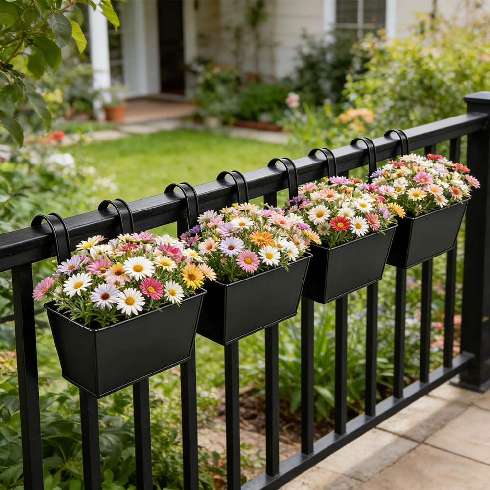 4 macetas colgantes de metal, grandes macetas para colgar con gancho extraíble, 27,5 cm, macetas colgantes para balcón, valla, jardín, pared, casa, casa, decoración, macetero decorativo (negro)