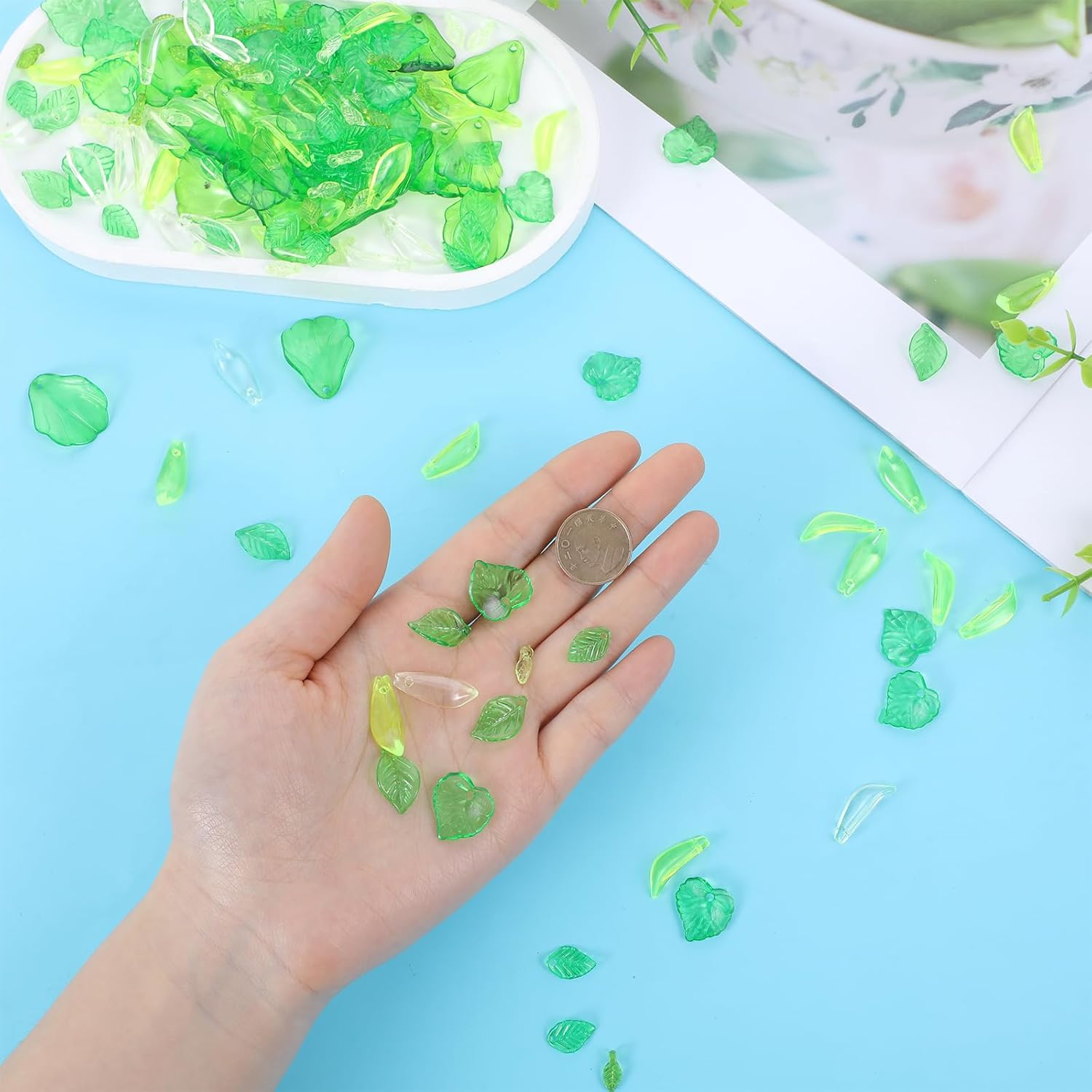 Green Acrylic Leaf Beads, 320 Pcs Transparent Leaf Charms Acrylic Beads Funky Plant Charms Leaves Pendants Cute Green Leaves Bead Caps for Jewelry Making DIY Craft Women Earring Necklace Anklet - Image 4