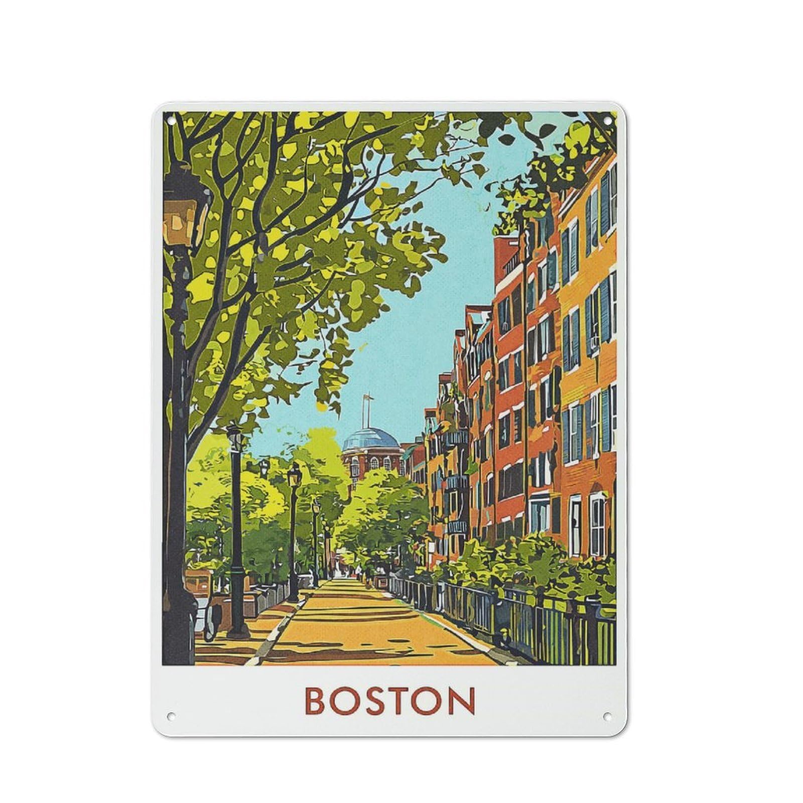 Boston Cityscape Decorative Tin Plaque 40x30cm, Decorative Novelty Wall Art for Hallway, Home Bar, Garage Or Study