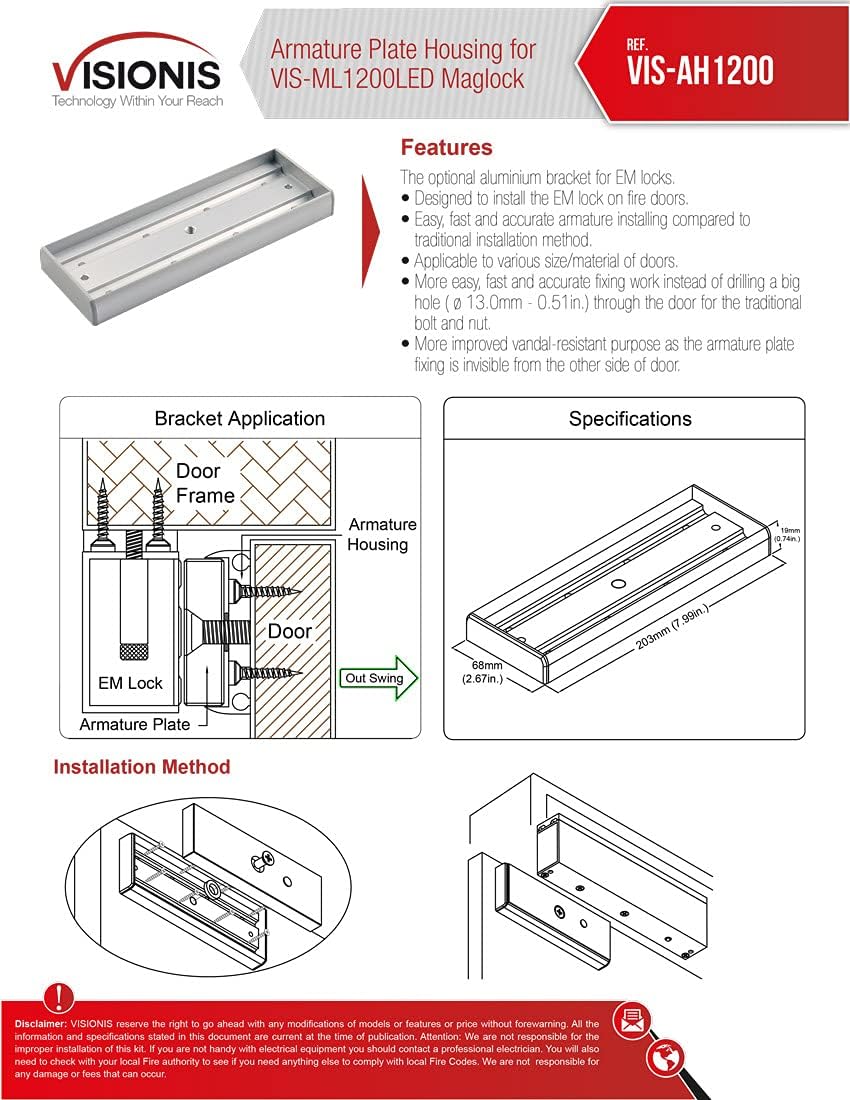 Visionis VIS-AH1200 Armature Plate Housing for 1200lbs Magnetic Door Lock