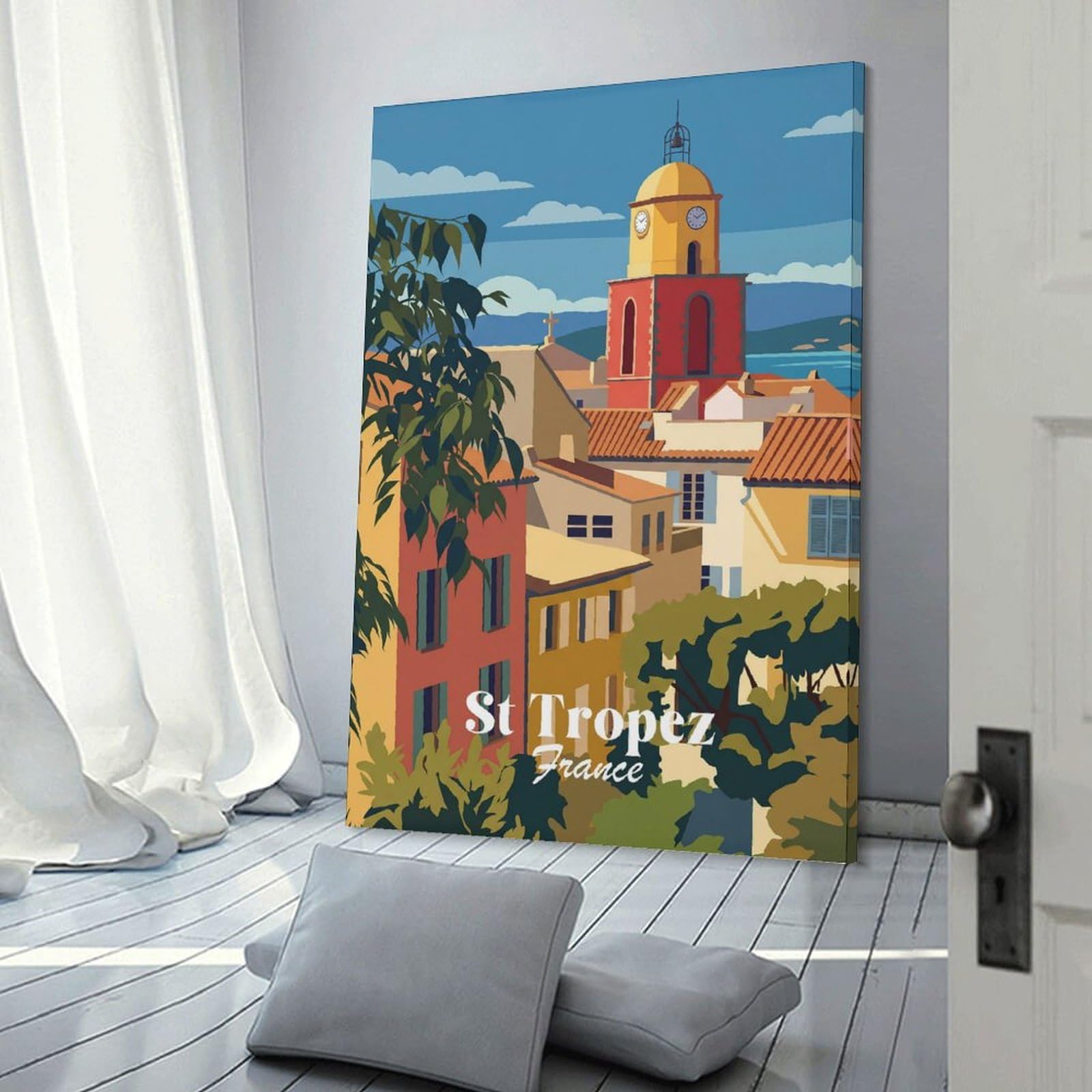Junmoney Canvas Wall Decor St Tropez France, 24x36inch(60x90cm), for Bedroom, Guest Room Or Reading Nook, Decorative Wall Art for Cosy Rooms
