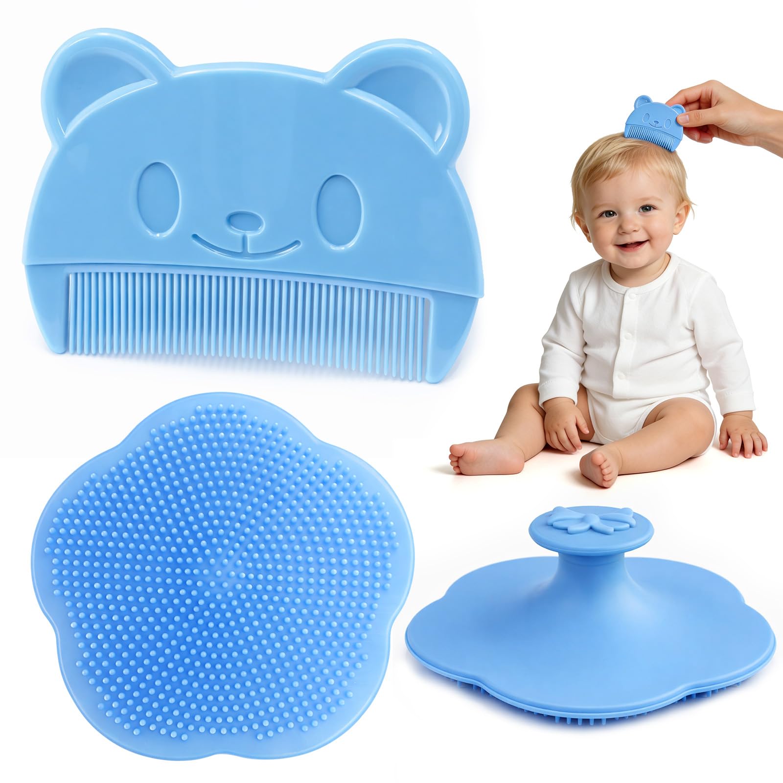 Baby Hair Brush, Cradle Cap Brush Treatment for Baby, Soft Scalp Massager Shampoo Brush and Baby Comb Set for Newborns & Toddlers (Blue)