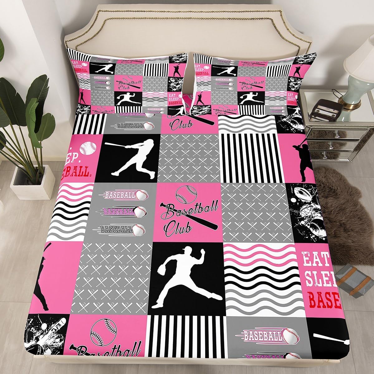 jejeloiu Baseball Bed Sheets Set Queen Size for Kids Teens Girls Woman Sports Theme Fitted Sheet Gift for Baseball Lover Bedding Set Softball Bed Cover Room Decor Sports Game