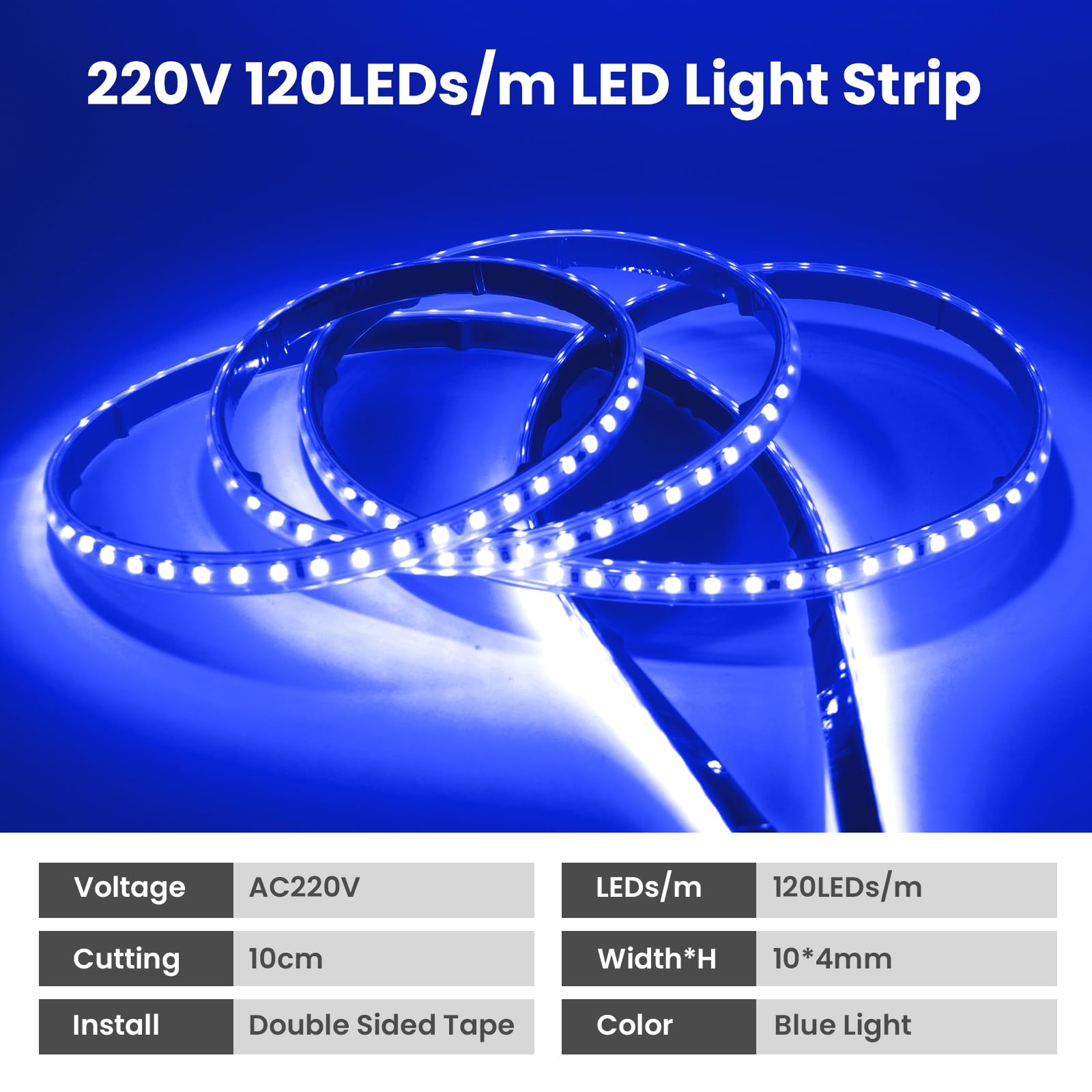 Tira LED 220V [50M, Azul], IP65 Impermeable Flexible, 120 LEDs/m Tira LED Cortable CRI85+, Iluminación Decorativa para Hogar y Tienda