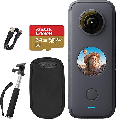 Miniatura 1 de Insta360 ONE X2 Cámara de bolsillo de acción impermeable + tarjeta de memoria extrema SanDisk de 64 GB + monopie de mano (se extiende hasta 43