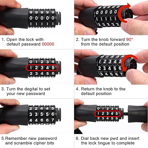 Miniatura 4 de Cerradura de cadena de bicicleta de 3.2 pies, combinación de 5 dígitos, alta seguridad, antirrobo, 0.236 in, resistente, reiniciable, sin llave,