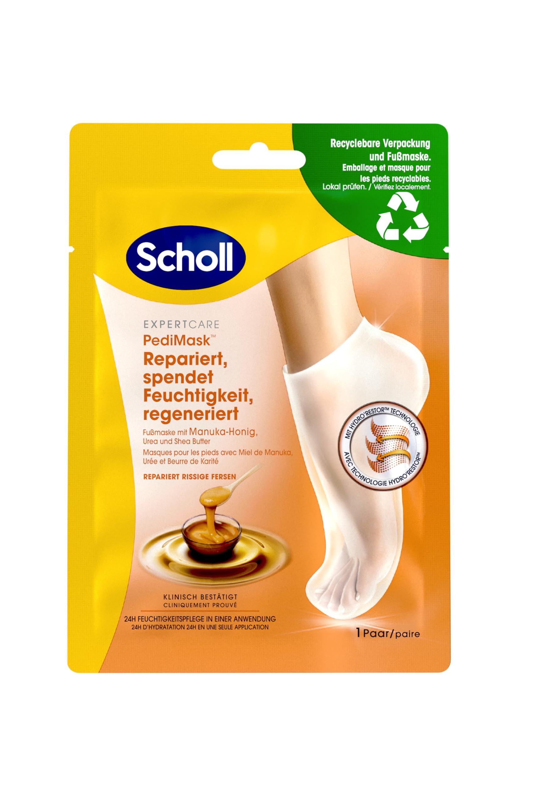 Scholl Intensive Moisturising Foot Mask with Manuka Honey, Provides a Long-Lasting Feeling of Moisture, 1 x 2 Pieces