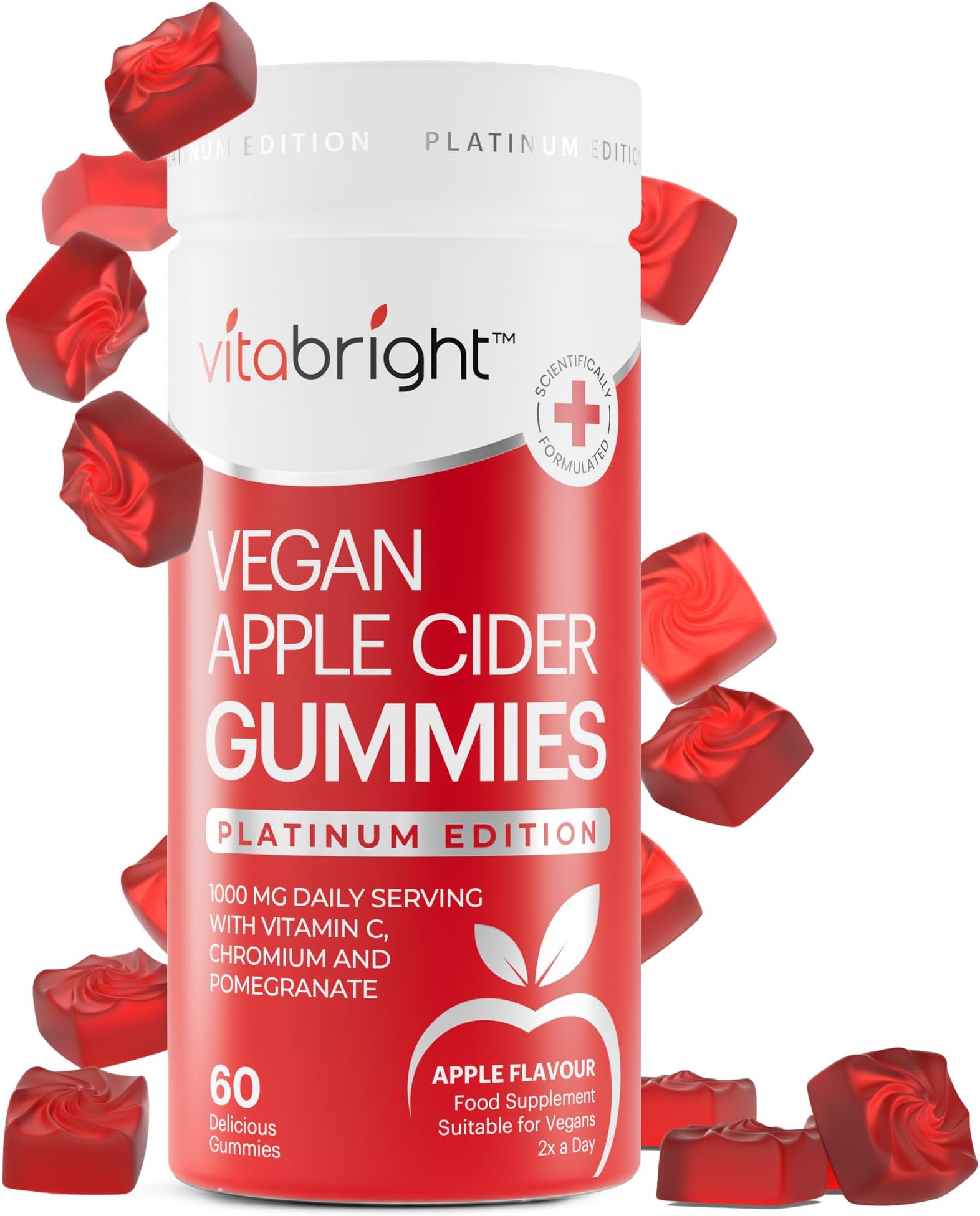 Vegan Apple Cider Vinegar Gummies, High Strength 1000mg, Raw & Unfiltered, 60 Apple Cider Gummies That Work Fast (1 Month) Apple Cider Vinegar Gummy, Vitamin C, Chromium, Pomegranate, VitaBright ACV