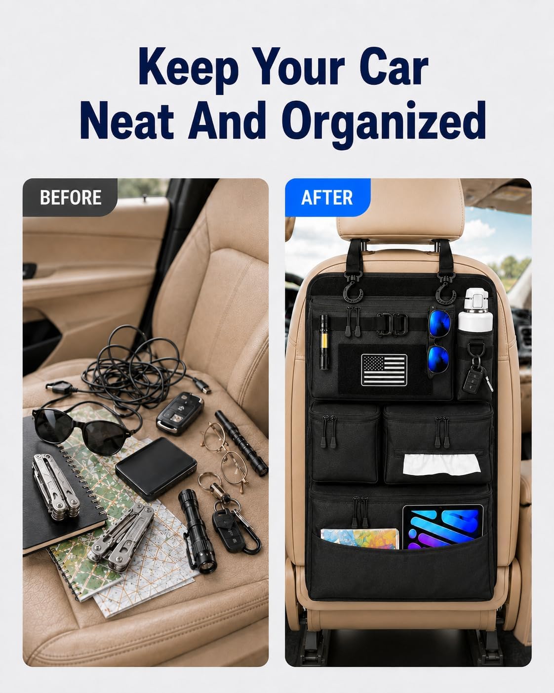 Backseat Car Organizer, Heavy Duty Tactical MOLLE Car Seat Back Organizer with 6 Pockets, 2 Sturdy Hooks, 2 D-Ring Clips, US Flag Patch & Hook Loop Panel, Universal Fit for Car SUV Truck Jeep Ford
