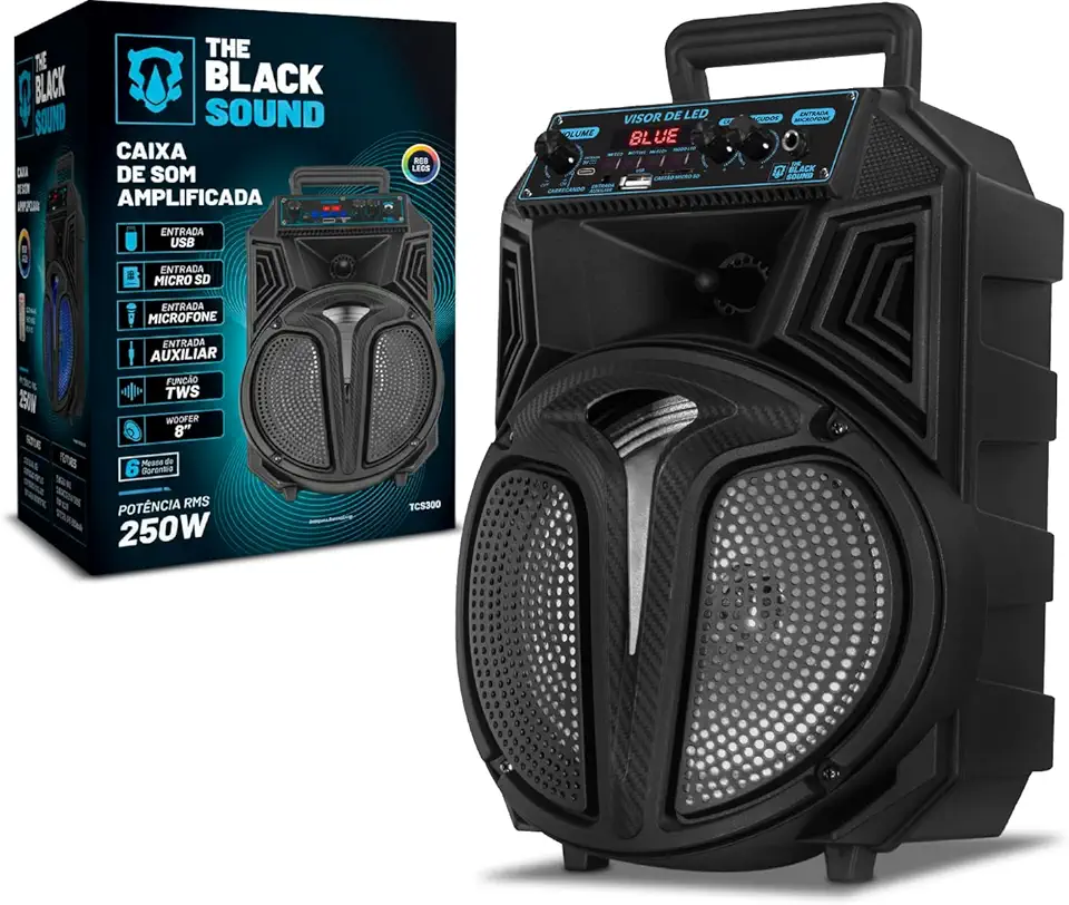 Caixa de Som Bluetooth Amplificada 250W TCS300 The Black Tools – Bivolt, Woofer 8”, TWS, LED RGB, Rádio FM, Bateria Recarregável