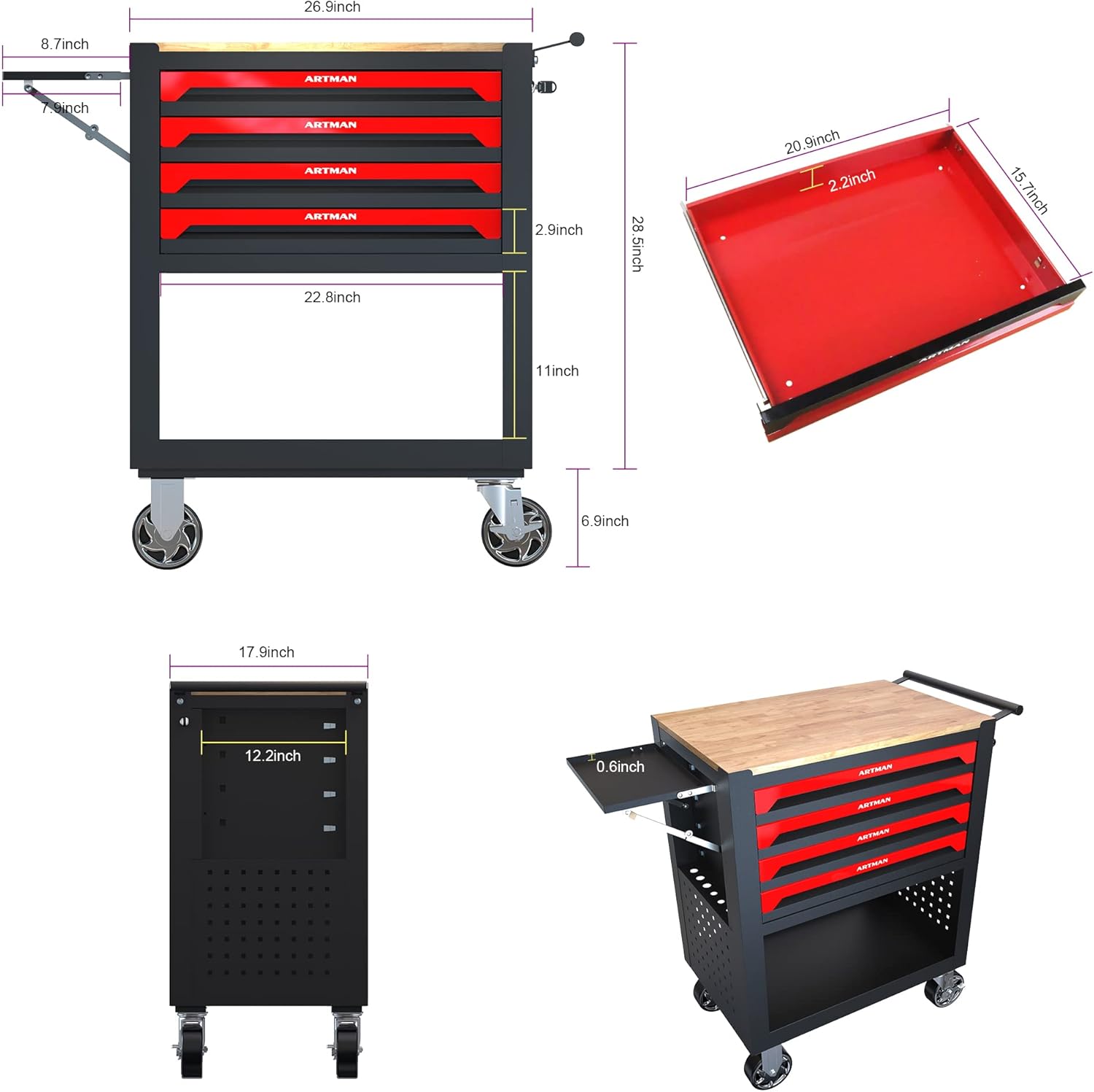 Campfun 4 Drawers Tool Box with Wheels, Rolling Tool Chest Rolling Tool Cart with Drawers, Multifunction Tool Box for Mechanic Tool Cart, Tool Box Organizers and Storage for Garage, Red