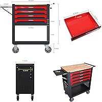 Vista 2 de Carro de herramientas rodante de 4 cajones, caja de herramientas con ruedas y parte superior de madera, carrito de almacenamiento de herramientas